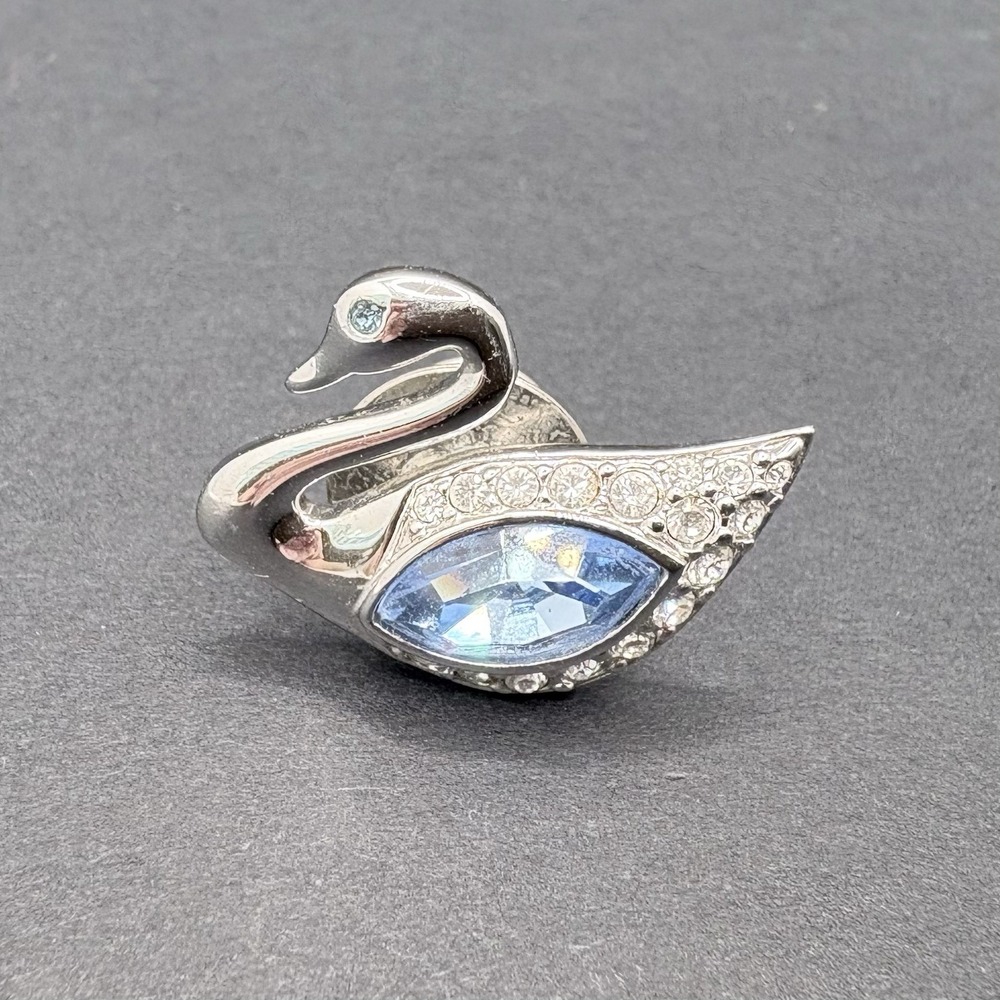 Vintage Swarovski Swan Tie Tack Blue Clear Crystals Silver Tone Swan Signed